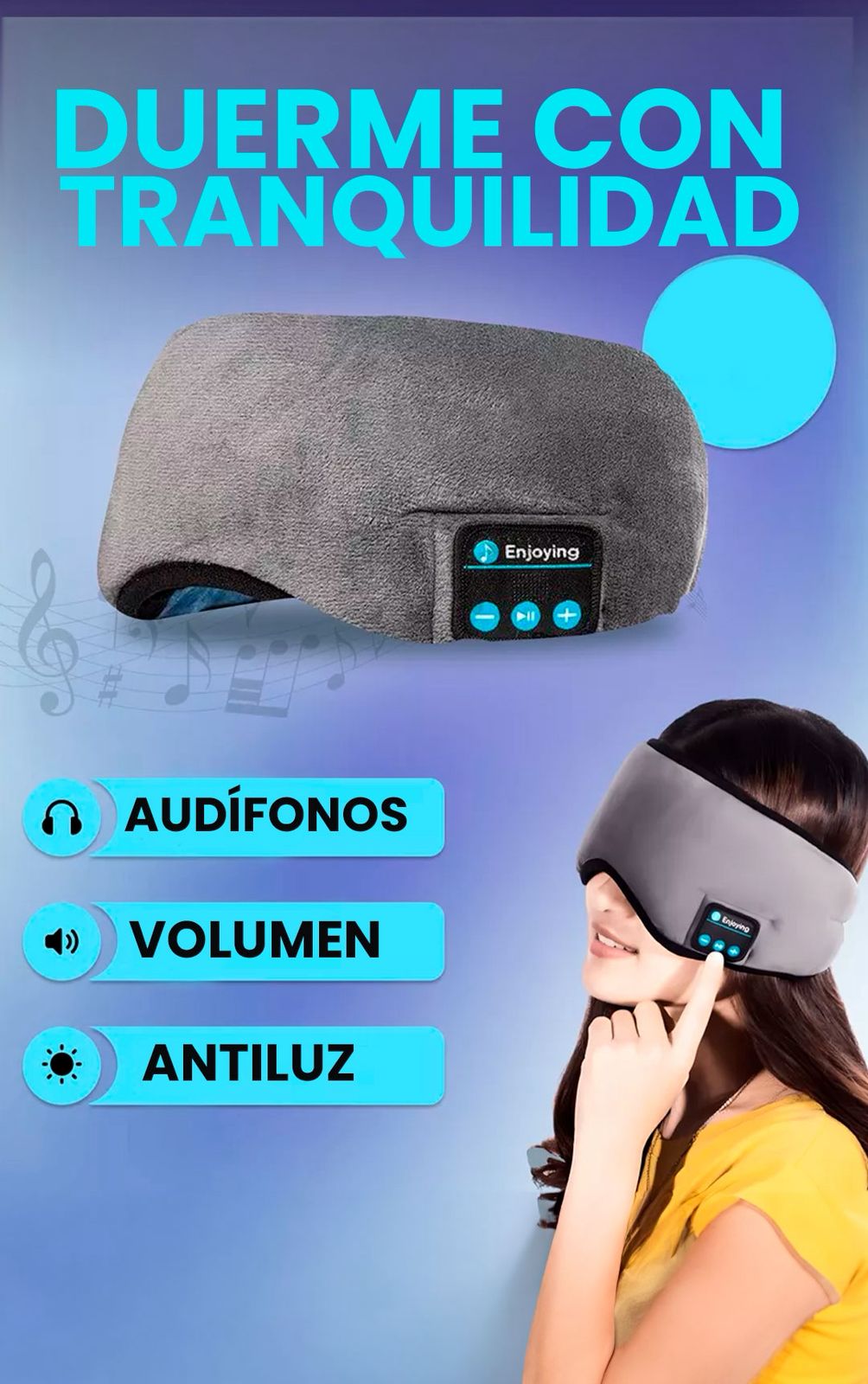 Antifaz Mascarilla Para dormir, Viajar o Meditar Bluetooth.
